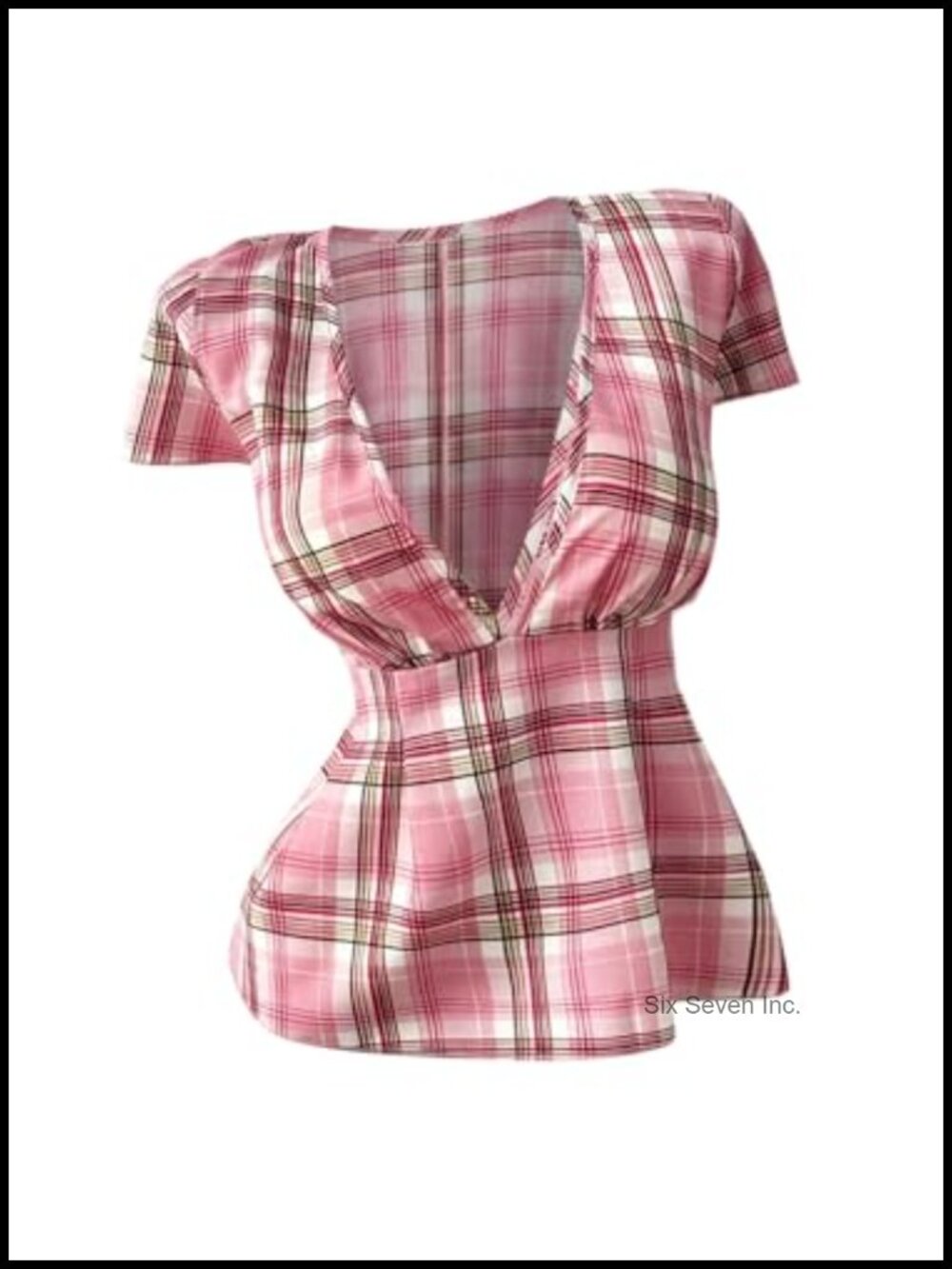 Plus Size Plaid Babydoll Peplum Blouse V-Neck Ruffle Hem Short Sleeve